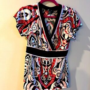 AB Studio Size Small Short-Sleeved Blouse Elastic Back Waist Black/Pink/White